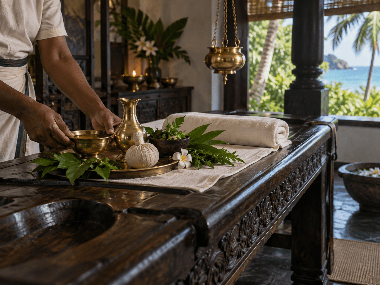 Traditional Ayurvedic oils, herbs and linen prepared on a carved wooden treatment table