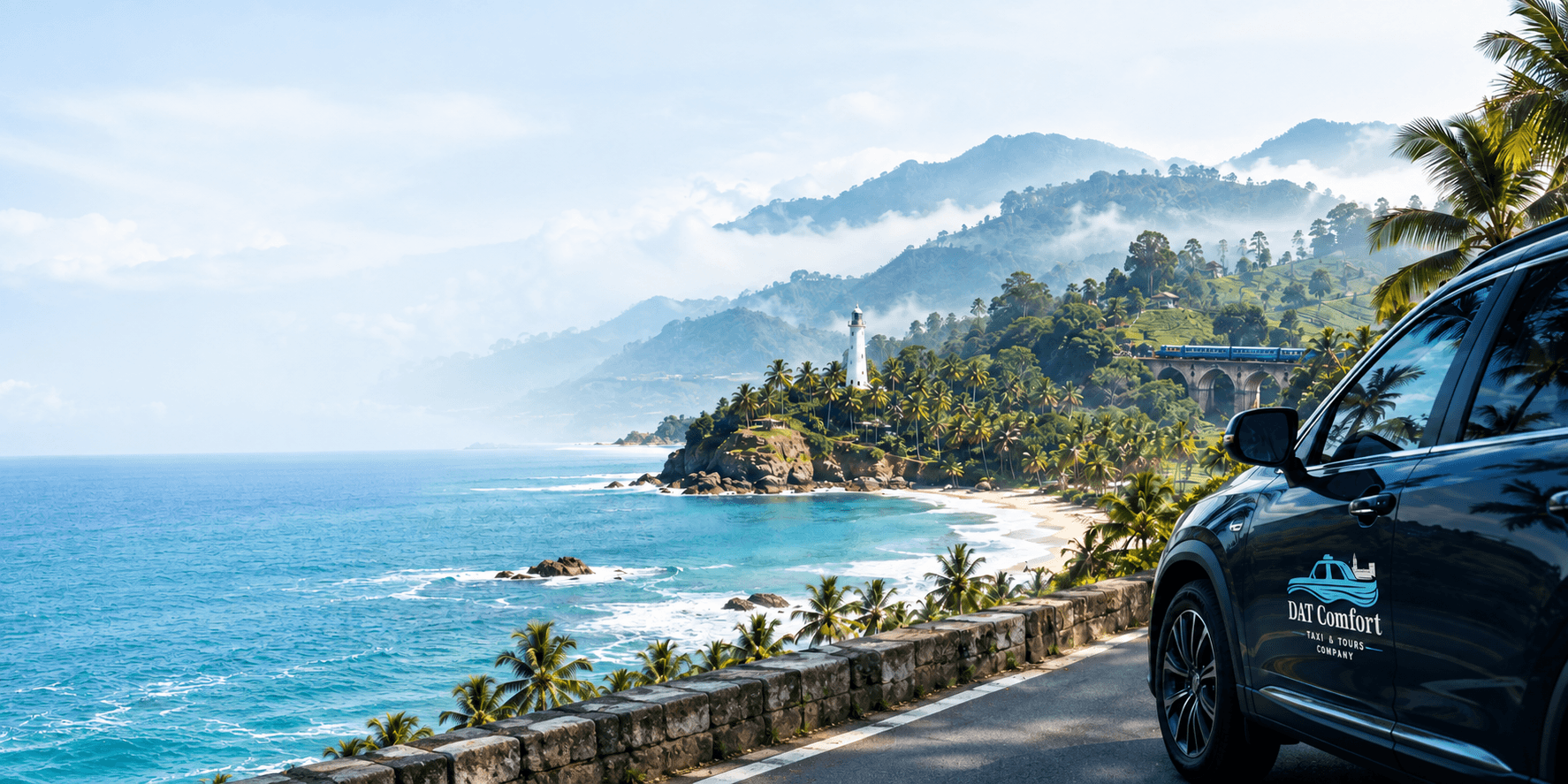 Sri Lankan coastal scenery with a lighthouse, hill-country train and DAT Comfort tour vehicle