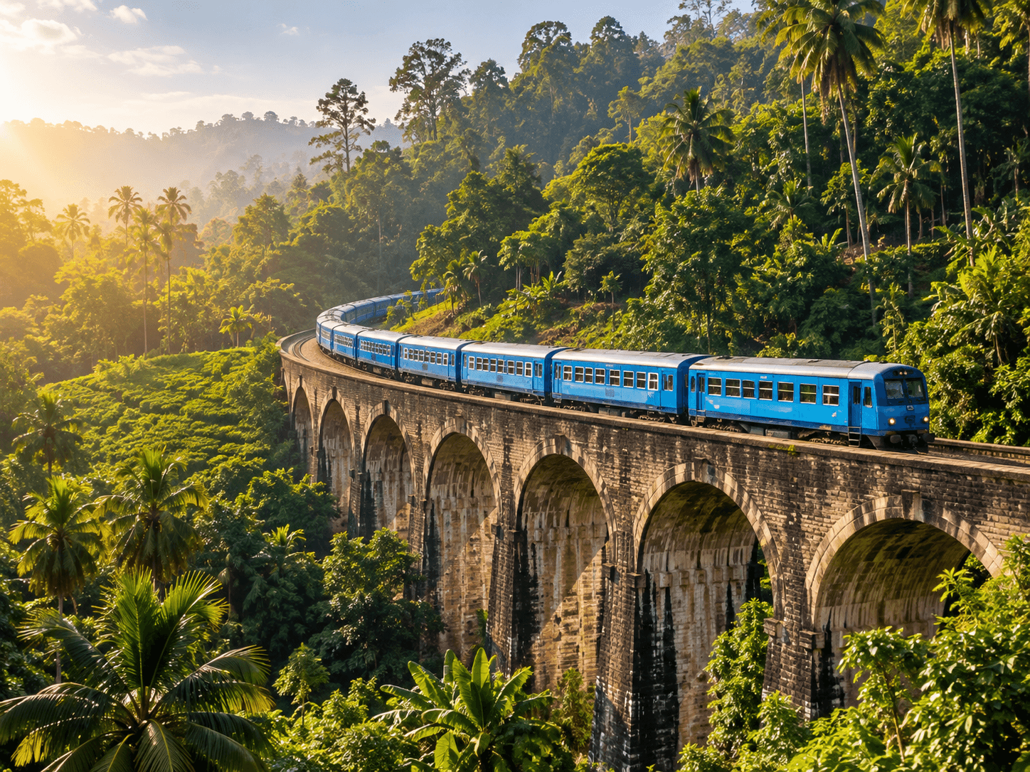Train crossing a stone bridge in Sri Lanka's hill country