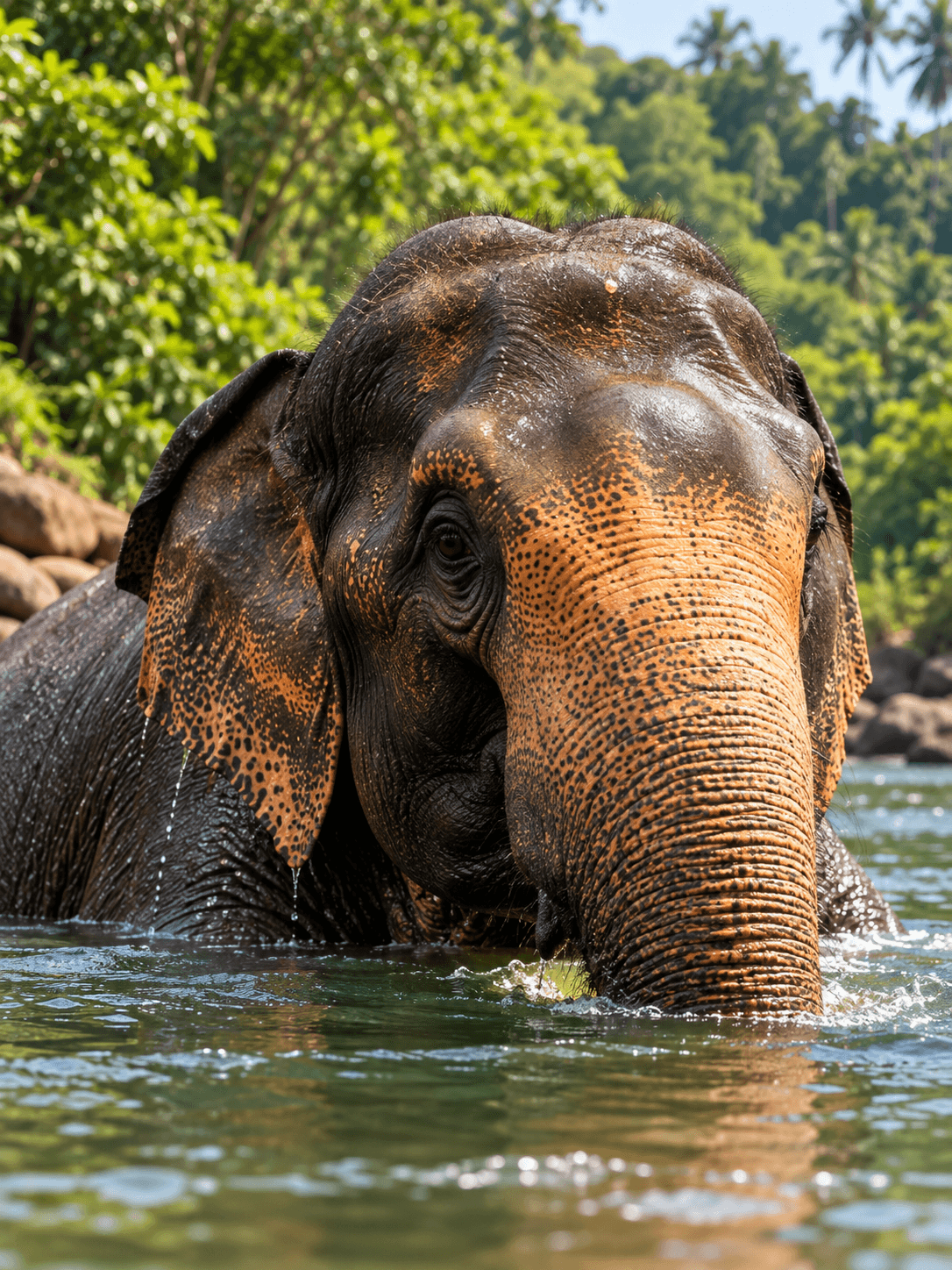 An Asian elephant bathing in a river