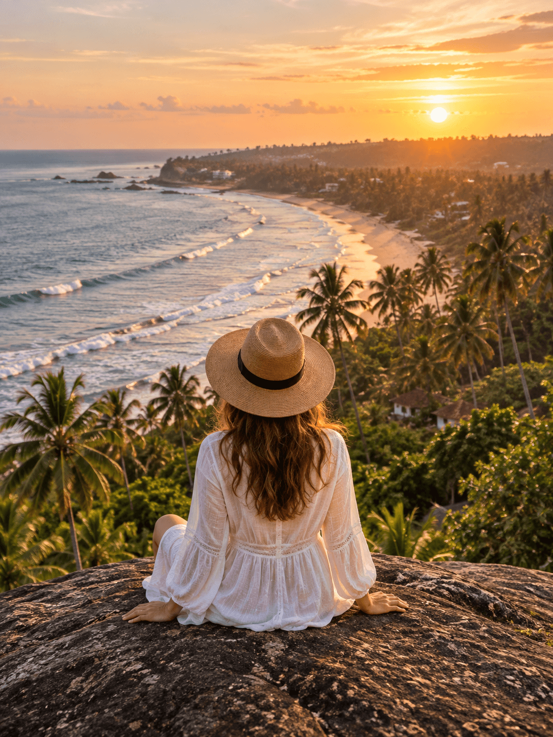 A traveler looking out over the coast at sunset