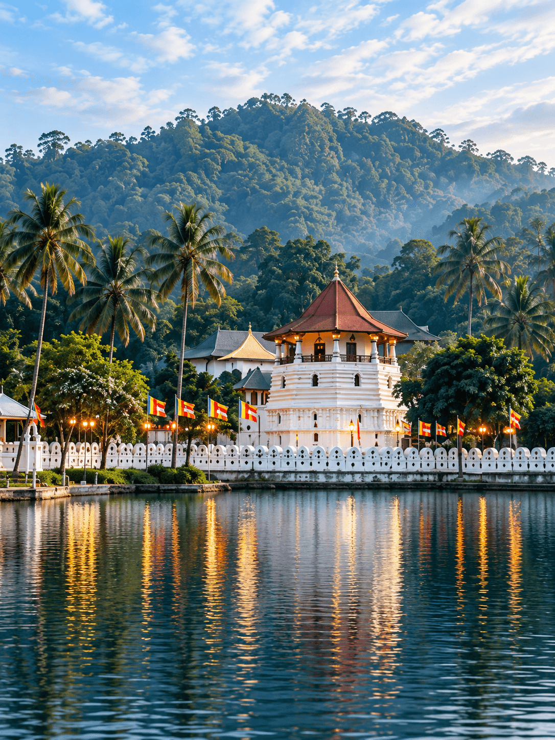 Kandy's lakeside temple framed by palms and forested hills