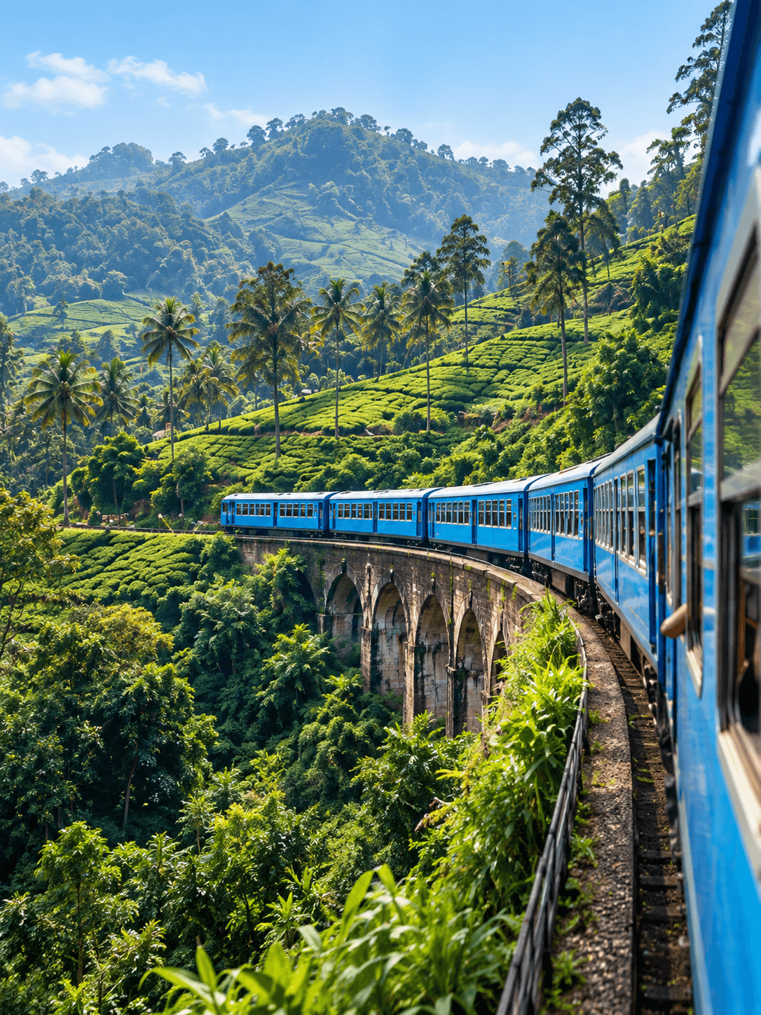 A blue train curving through Sri Lankan tea country