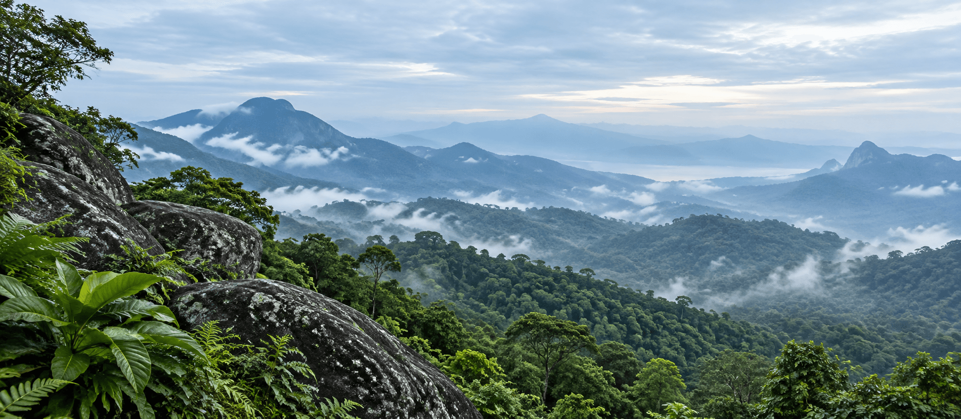 Misty Sri Lankan mountains above tropical forest and rock